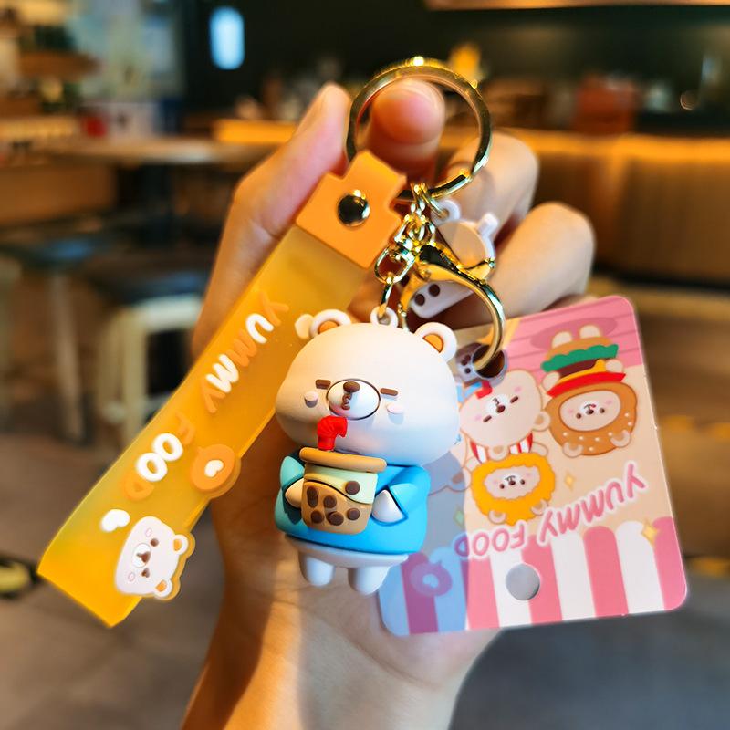 Authentic Cartoon Cute Gluttonous Bear Keychain 3D Doll Kawaii Cute Personalized Gifts Car Backpack Couple Foodie Bear Keychain