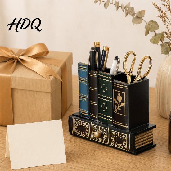 Gold Gilded Book Pen Holder Wooden Book-Shaped Holder Retro Desk Organizer