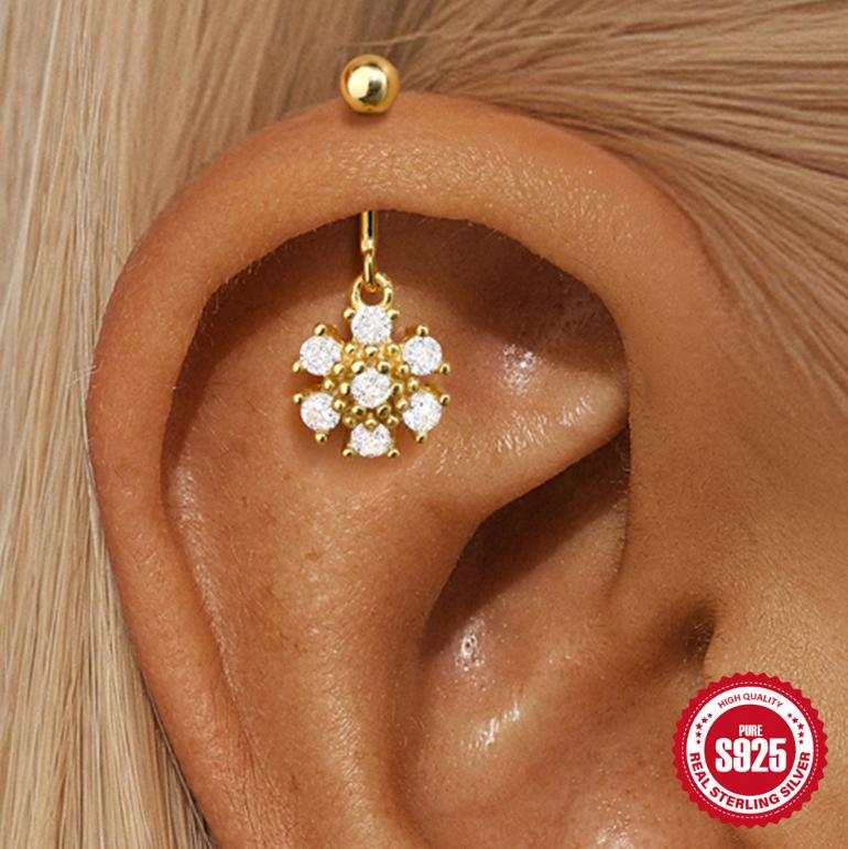 Piercings 925 Sterling Silver Zircon Snowflake Marquise Ball Flat Back Vertical Helix Piercing Ear Bone Earrings