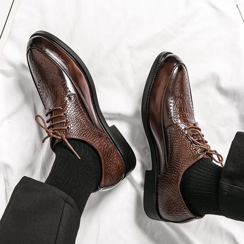 High Quality Leather Shoes Crocodile Pattern Loafers Men's Lace-Up Thick Sole Pointed Toe Casual Shoes Wedding Shoes Moccasins