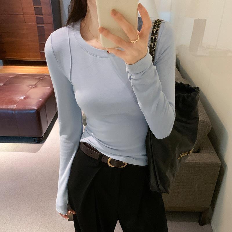 Black Slimming Fishbone Top for Women In Autumn and Winter New Warm Bottoming Tight Round Neck Long-sleeved T-shirt