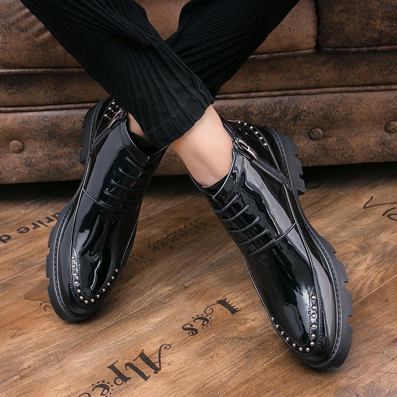 Autumn men's rivet trend small leather shoes casual shoes short boots high top shoes patent leather nightclub Martin boots