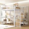 Cama de Solteiro Metálica 140*200 com Escada de Armazenamento com Prateleiras e Mesa, Design de Grade de Segurança com Tábuas Emendadas, Estrutura de Ferro para Suporte Estável, Branco