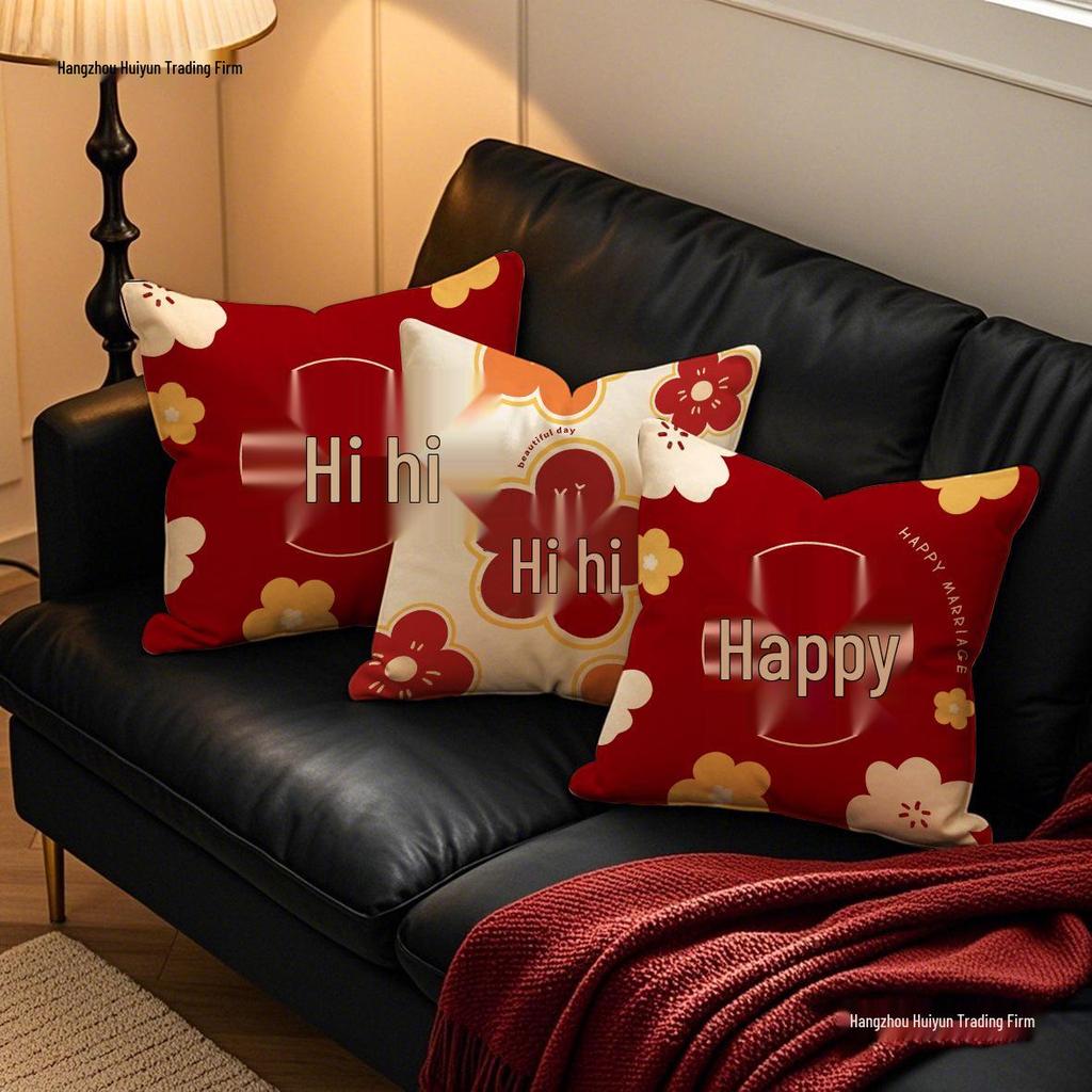 Double Happiness Red Throw Pillows - Festive Wedding Cushions for Living Room and Sofa Decoration