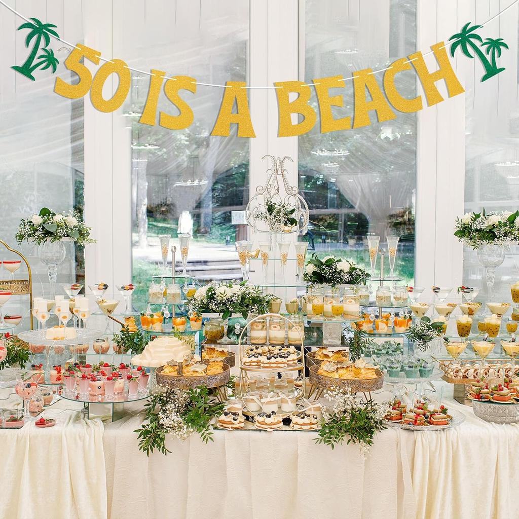 50 is a Beach Banner - Beach I'm 50 Sign, Tropical 50th Anniversary Party Decor, Summer Tropical 50th Birthday Party Decorations Gold Glitter