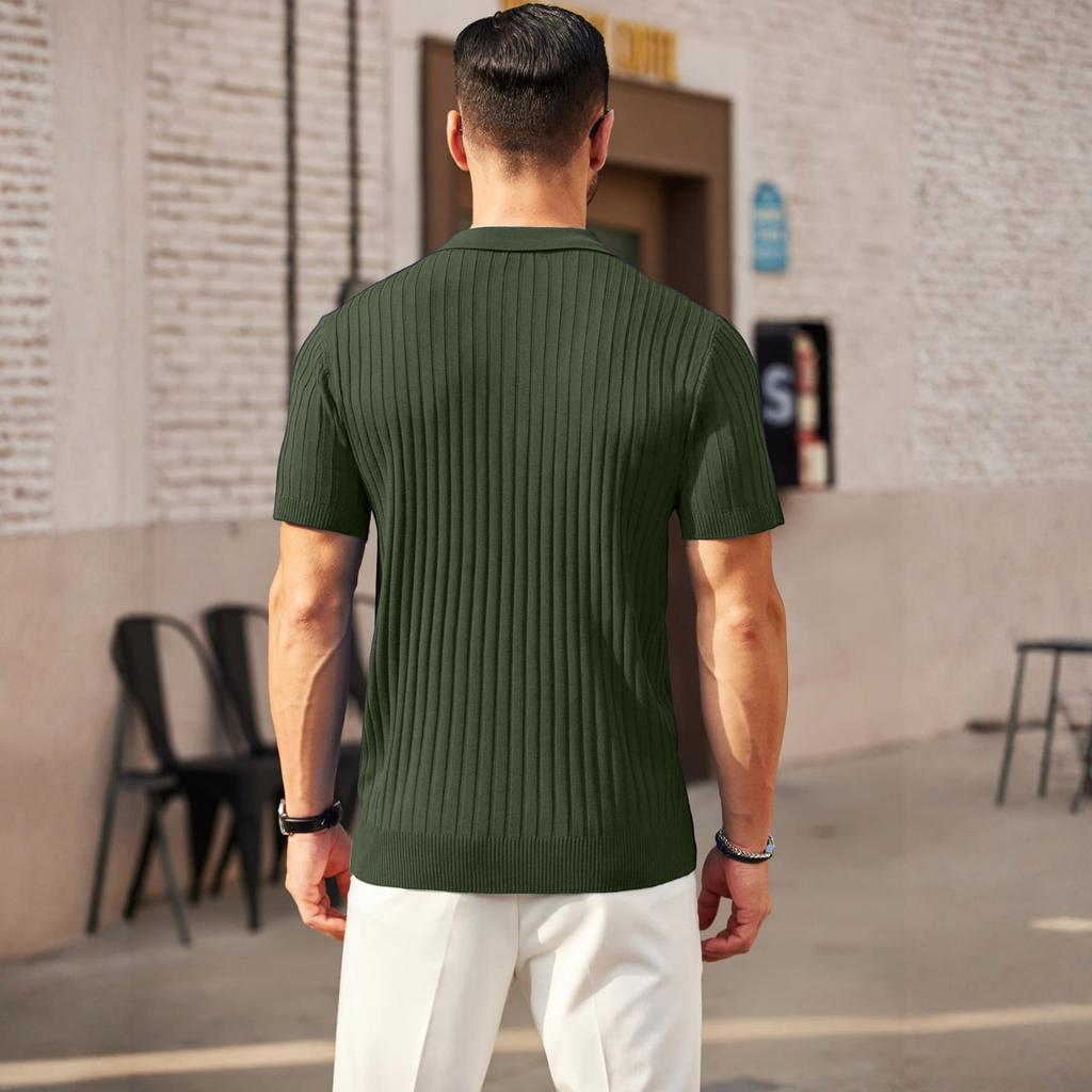 Men Short Sleeve Polo Shirt Knitted Ribbed Zip Collar Casual Modern Fit Lightweight Pullover Top for Everyday Wear