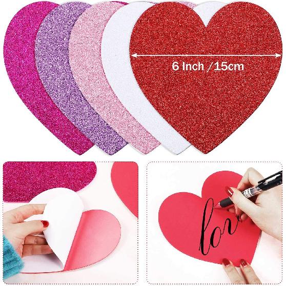 Zonon 50 Pieces 6 Inches Valentine's Day Foam Hearts Stickers Self Adhesive Large Heart Stickers Glitter Heart Foam Stickers for Valentine's Day