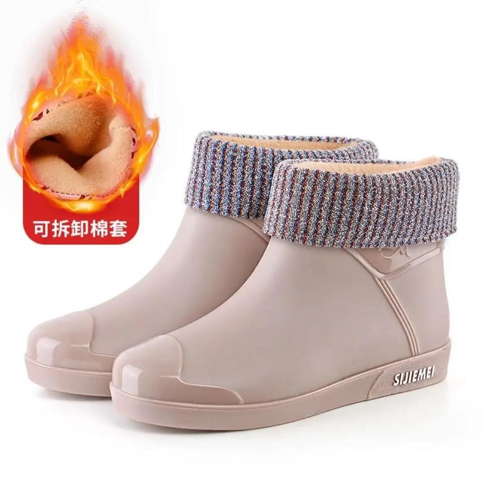 Fashion Women Rain Boots Korean High-heel Fashion Outdoor Short Tube Rain Boots Waterproof Shoes Warm Cotton Anti Slip Ankle Boots 2025