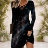 Women Cross V Neck Long Sleeve Dress Purple Pink Galaxy Swirl Print Irregular Hem Dress