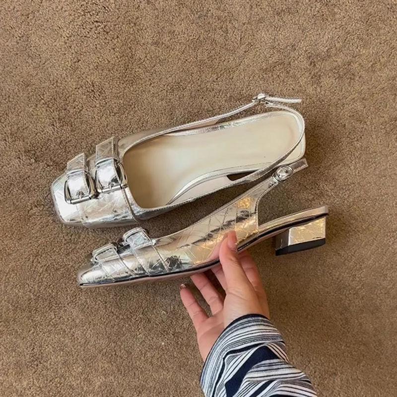 

2025 new retro belt buckle square head sandals women s one-pedal versatile skirt shallow temperament women s sandals 40 серебряный