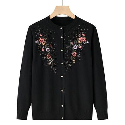 Women's Round Neck Embroidered Knit Cardigan Spring and Autumn Rhinestone Loose-Fit Cardigan Sweater