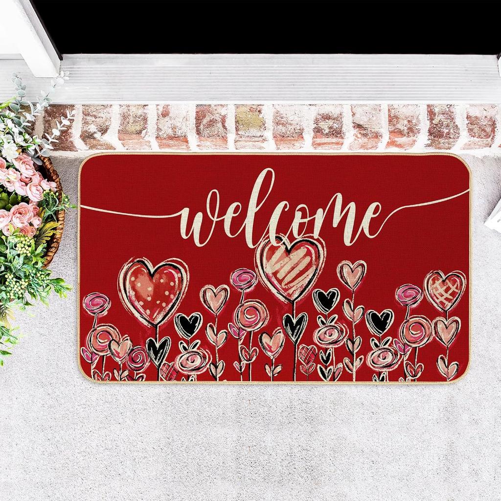 VIKAMA Valentine's Day Welcome Mat Red Heart Front Door Mat Non-Slip Love Floor Mat Indoor Outdoor Kitchen Carpet Home Decor