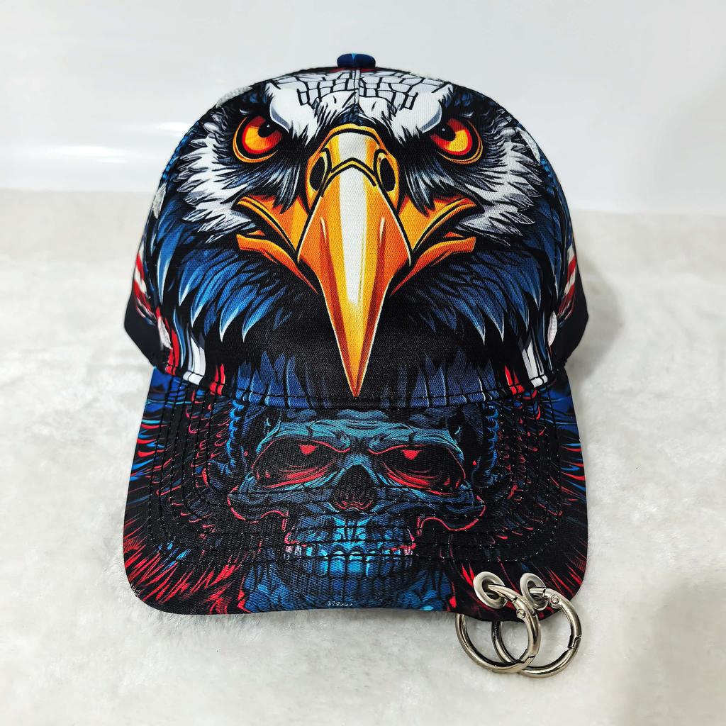 Men Women Punk Eagle Print Baseball Cap With Metal Rings, Usa Flag Patriotic Adjustable Sun Hat, Unique Biker Street Style Cap F