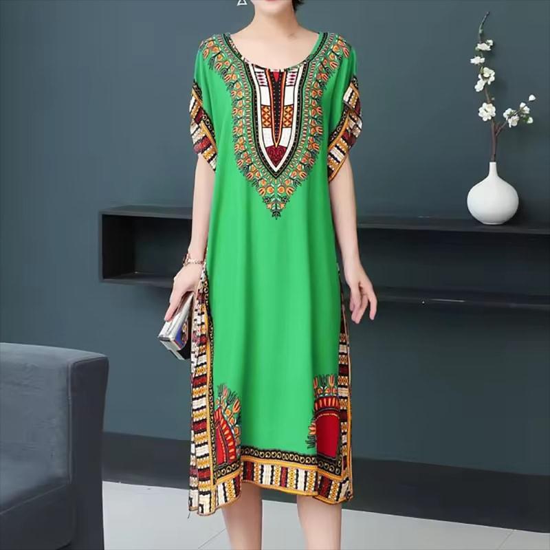 Casual Elegant Bohemian Printed Ethnic Style Retro Floral Woman Summer Street Wear Batwing Sleeve Loose Tunic Maternity Dress