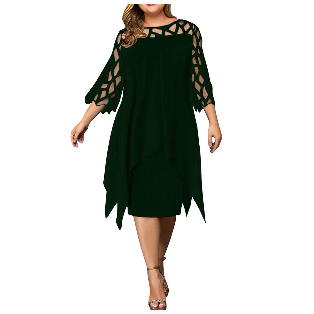 Fashion Women Mesh Chiffon Hollow Out Double Plus Size Dress Paneled 3/4 Sleeve Ragged Hem Chiffon Dress