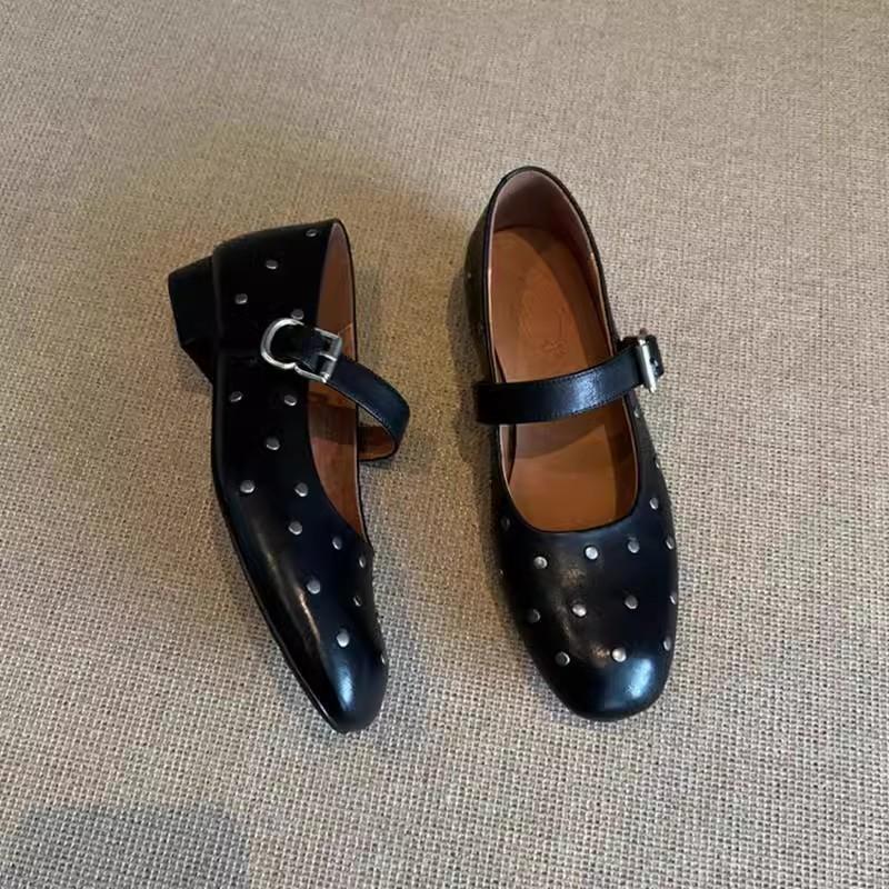 Cowhide Shoes French Mary Jane Shoes Women's Versatile Leather Round Head with Rivets Flat Bottom Shallow Mouth Single Shoes