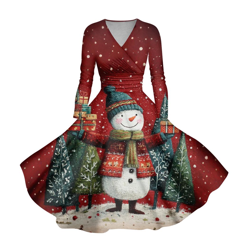 Ladies' Casual And Fashionable Christmas Tree Print Long Sleeved V-neck Sexy Pocket Dress