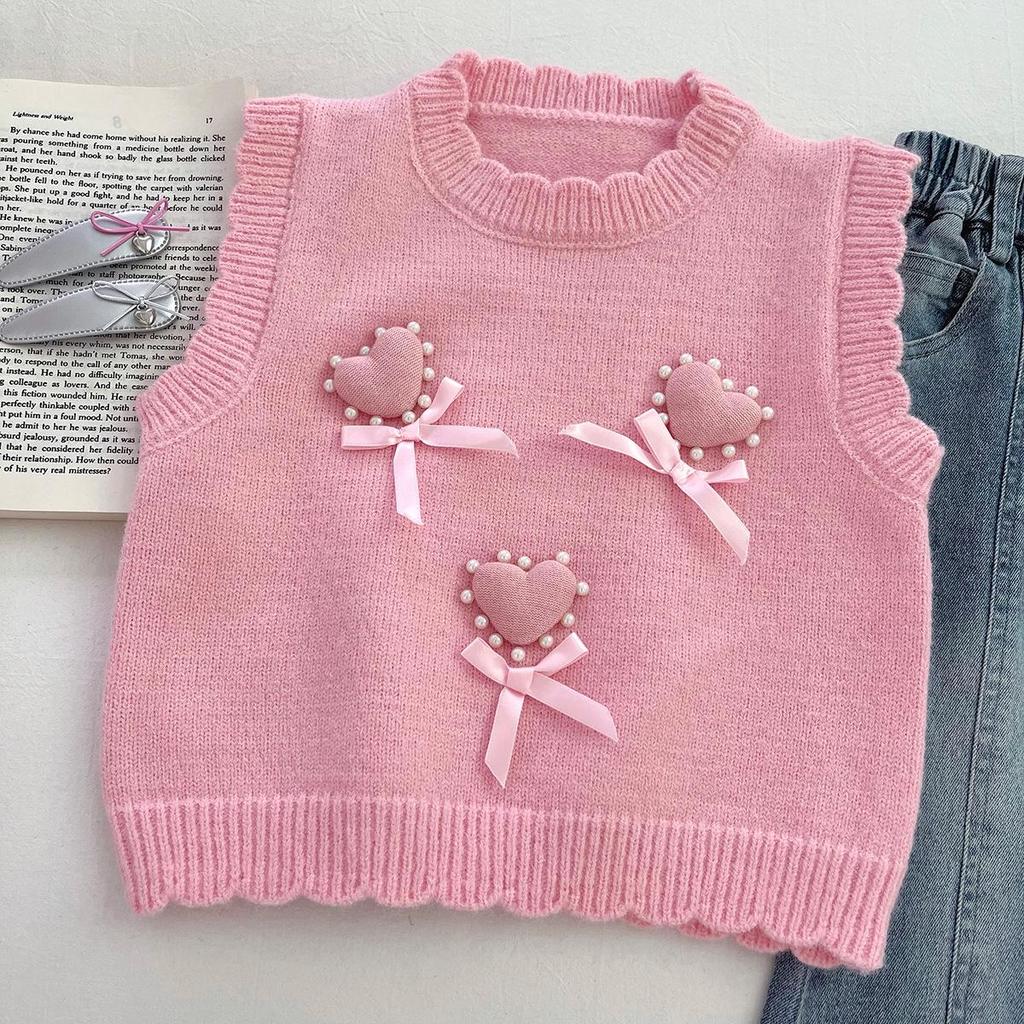 Girls' Pink Heart Knit Vest & Flare Jeans Three-Piece Set - 2025 Fashion Style