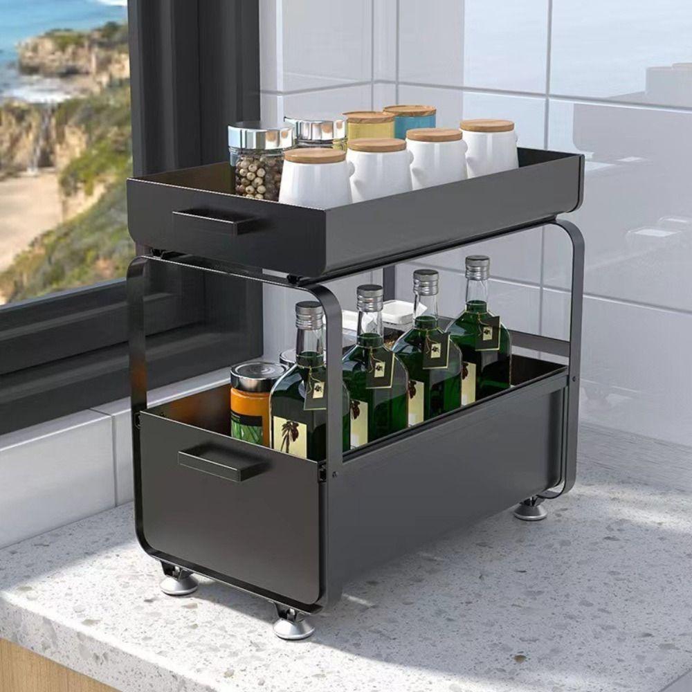 Double-layer Kitchen Sink Rack Carbon Steel Sliding Rack New Seasoning Storage Rack  Countertop Use