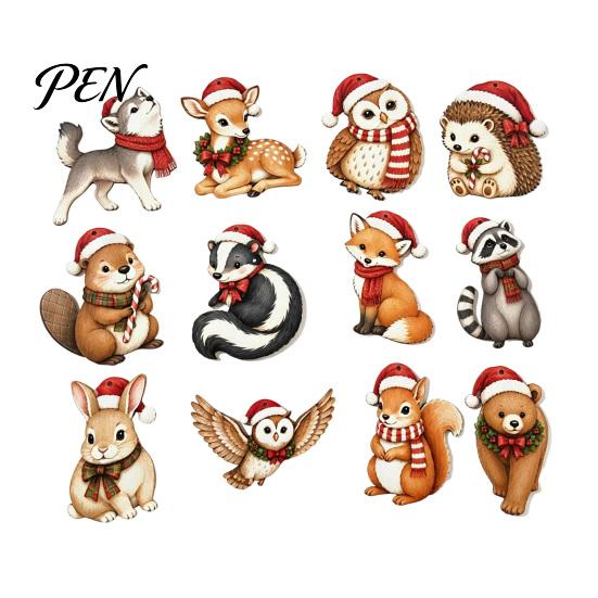 Christmas Tree Hanging Accessories 12/24Pcs 2D Wooden Ornaments, Woodland Animal Decorations, Forest Ornaments Creature Ornament for Tree, Holiday