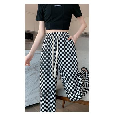 Pants for Women's Summer New Air Conditioning Cool Pants Ice Silk Thread Printed Wide-leg Pants for Women Chess Board Plaid Casual Straight Pants