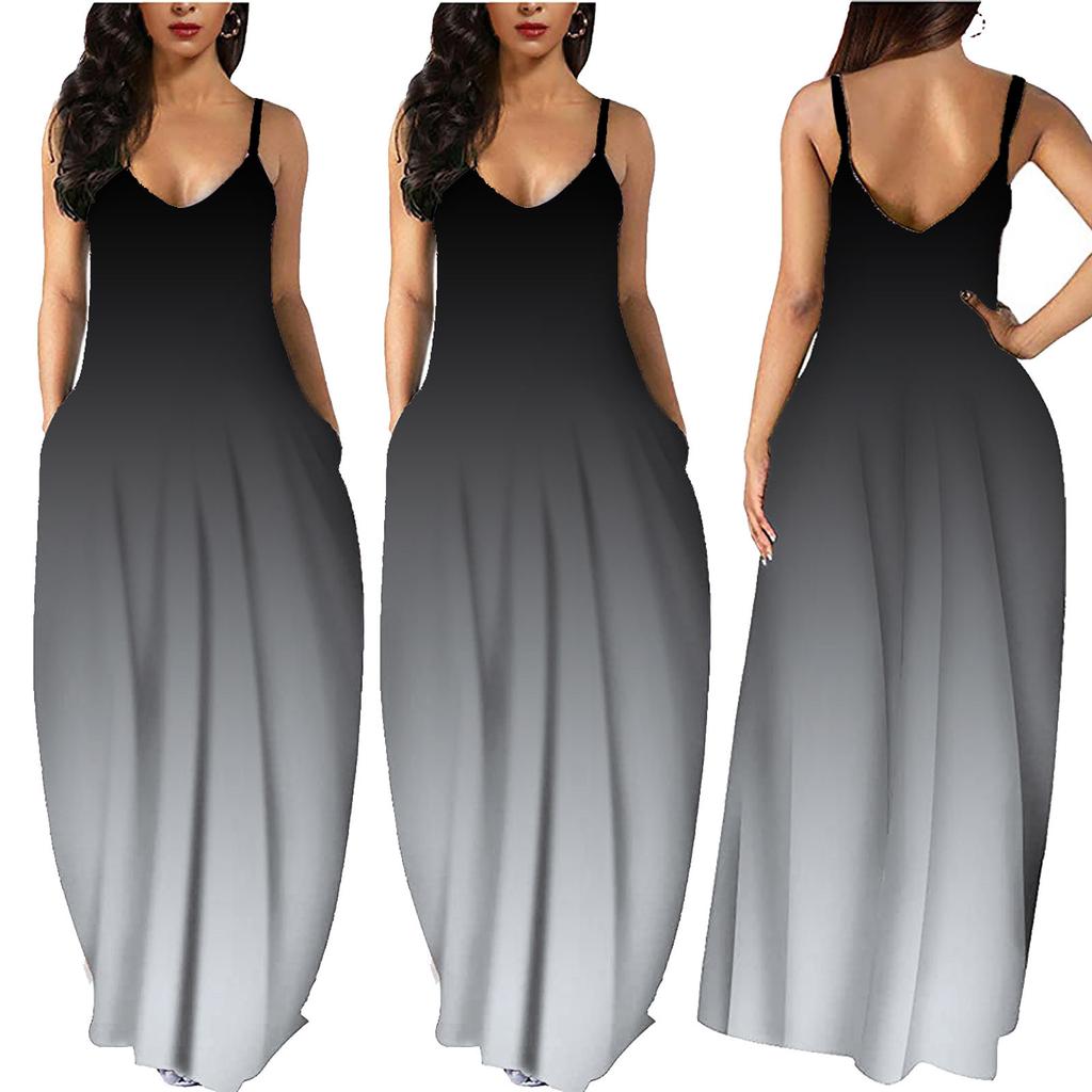 Women Gradient Sleeveless V Neck Maxi Dress Casual Sundress Beach Long Dres
