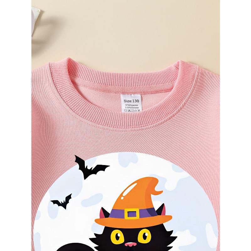 Girls Halloween Crew Neck SweatshirtHalloween Black Cat Witch Hat Pumpkin Print_1, Fun Print Kids Autumn Clothing