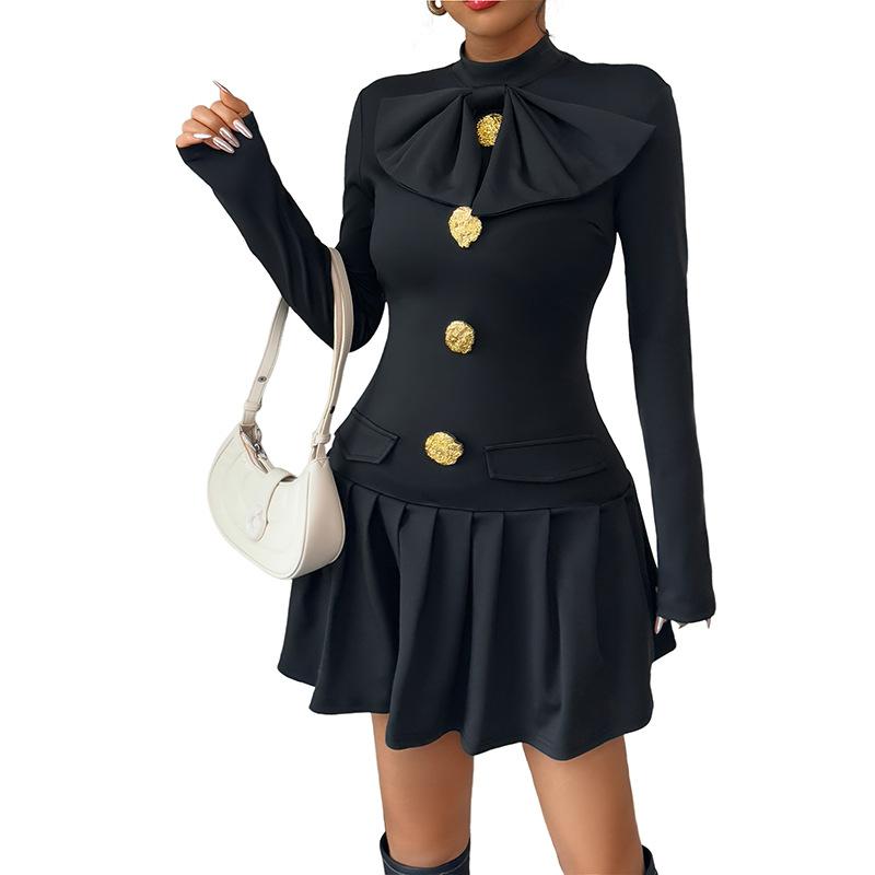 A New Elegant and Sweet Style Semi-high-neck Long-sleeved Autumn Dress Decorated with Bow Buttons