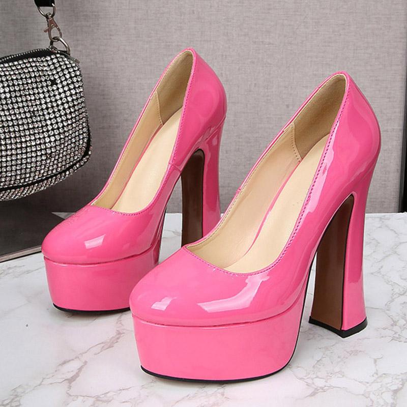 Liyke Sexy Pink Lackleder Klobige Plateau High Heels Hochzeit Bankettschuhe Frühling Herbst Runde Zehenpartie Slingback Damen Pumps