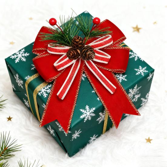 Christmas Burlap Plaid Bow with Pine Cones Pine Needles Large Buffalo Plaid Bow Xmas Wreath Checkered Bow for Holiday Crafts Home Party Tree Decor