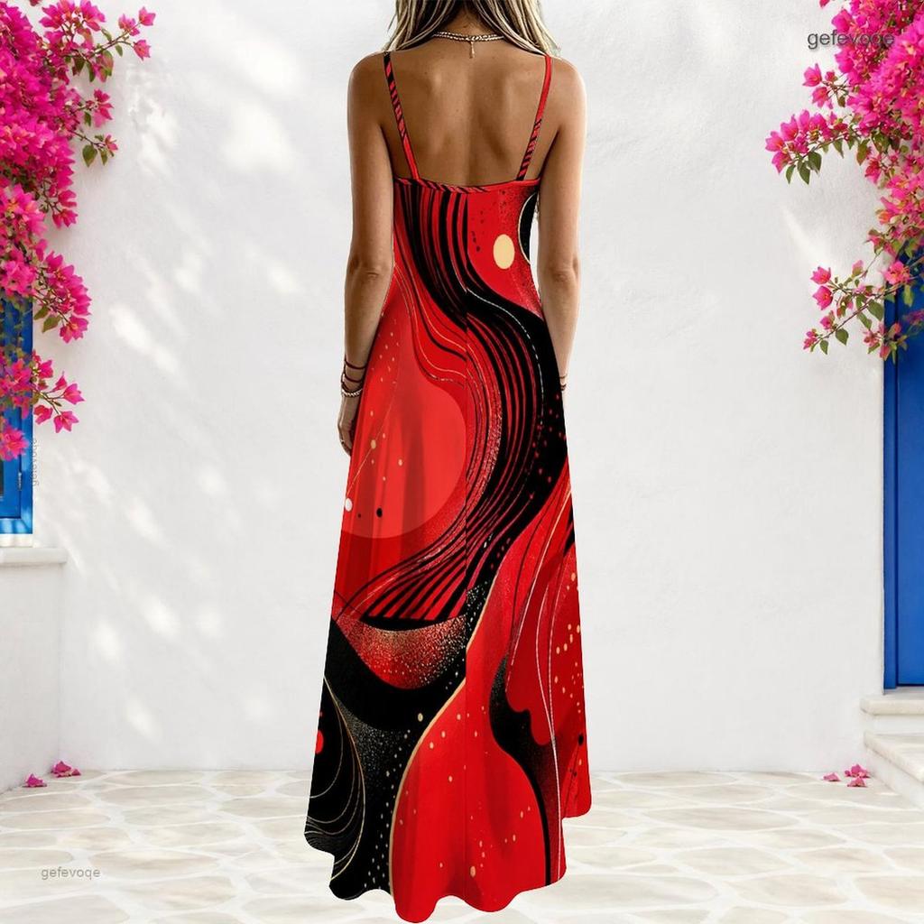 Women Plus Size Off Shoulder V Neck Spaghetti Strap Sleeveless Colorful Swirl Print A Line Long Dress