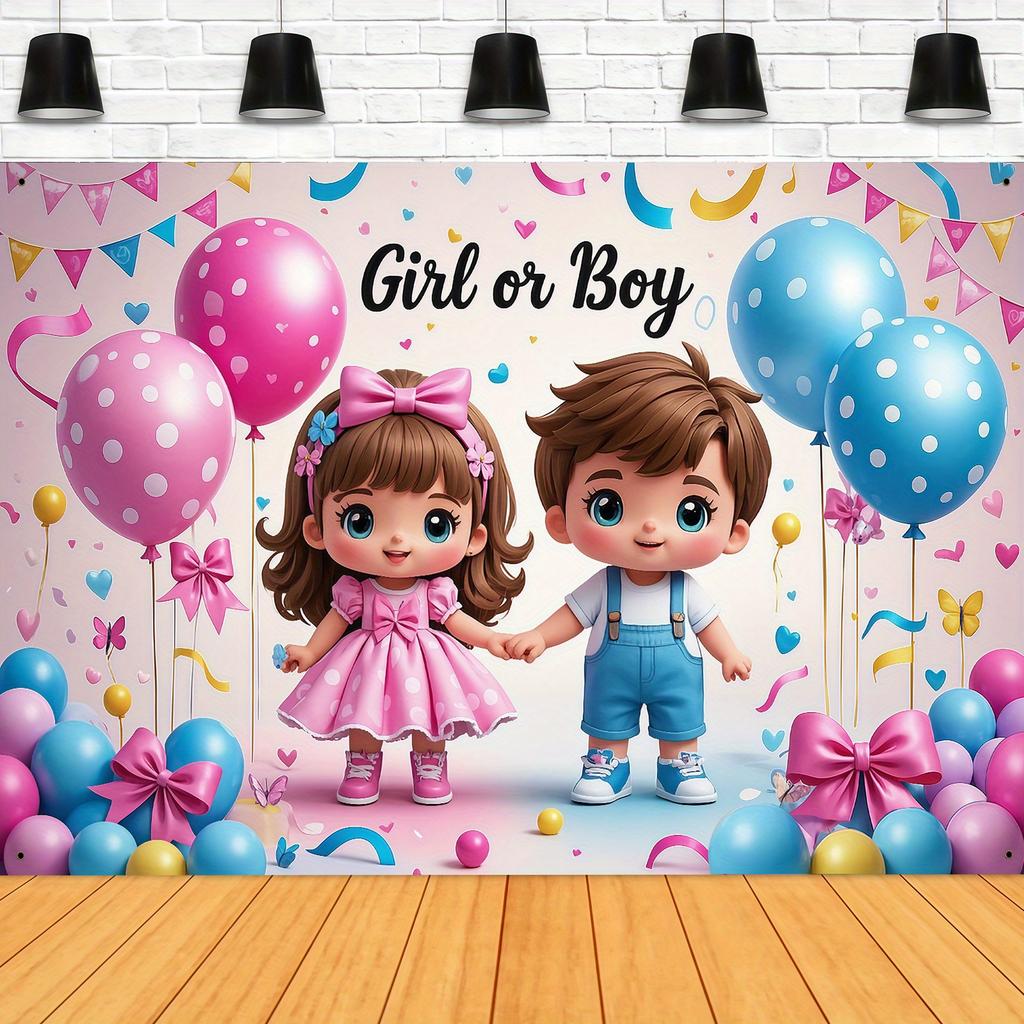 2D flat gender reveal party fabric combined with colorful balloons and ribbons is suitable for family celebration events.