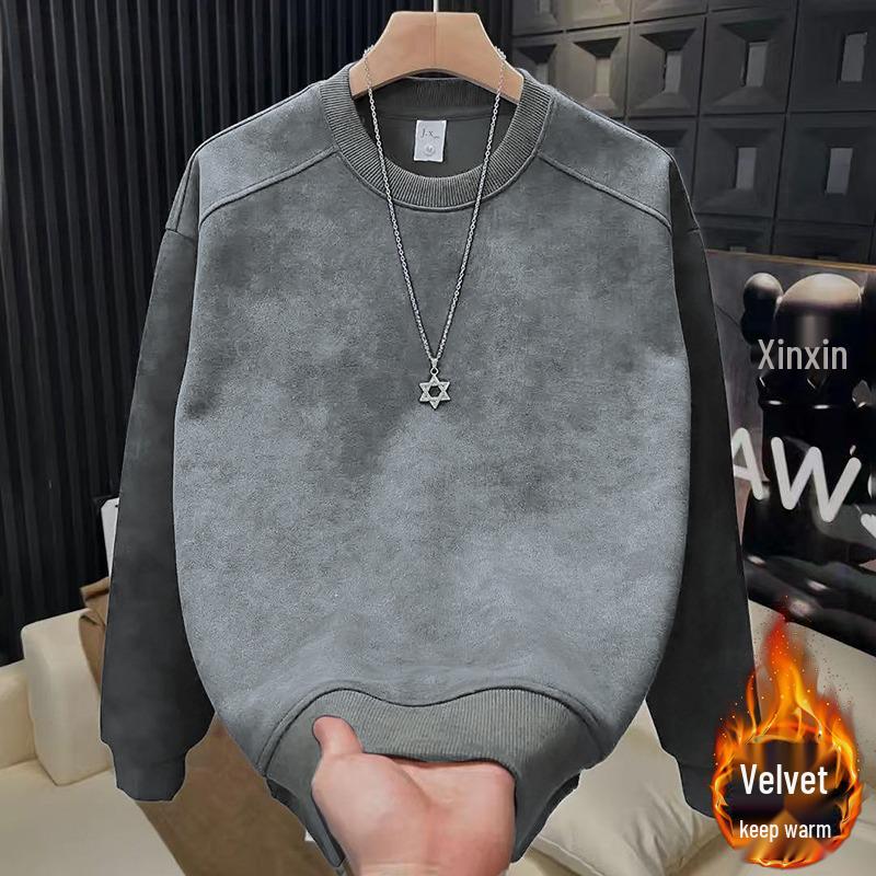 Unisex American Style Slim Fit Velvet Hoodie - Versatile Round Neck Long Sleeve Pullover XL