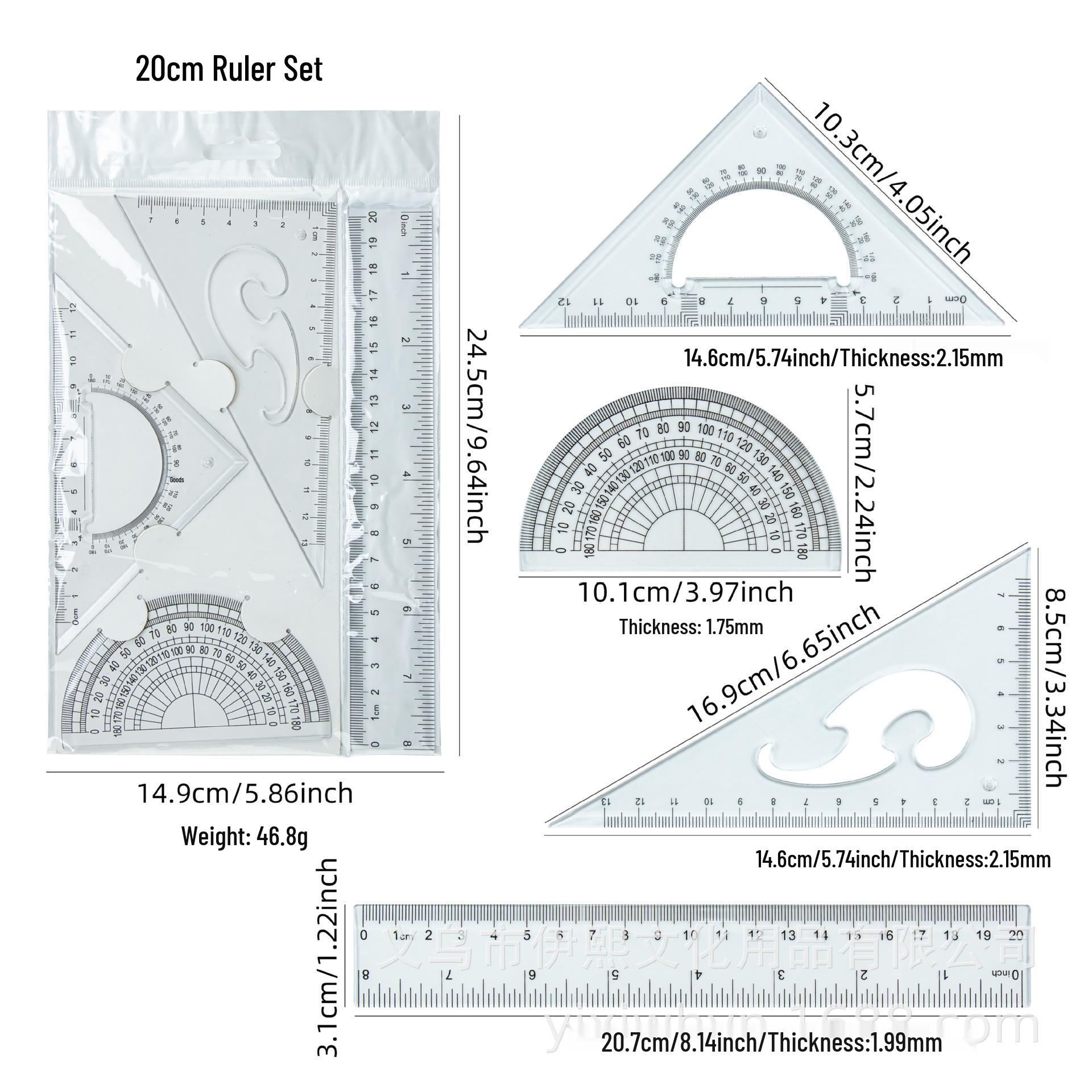 Thickened Transparent Plastic Geometric 4-Piece Ruler Set: Square, Triangle, Straight Ruler Set of 4 Rulers