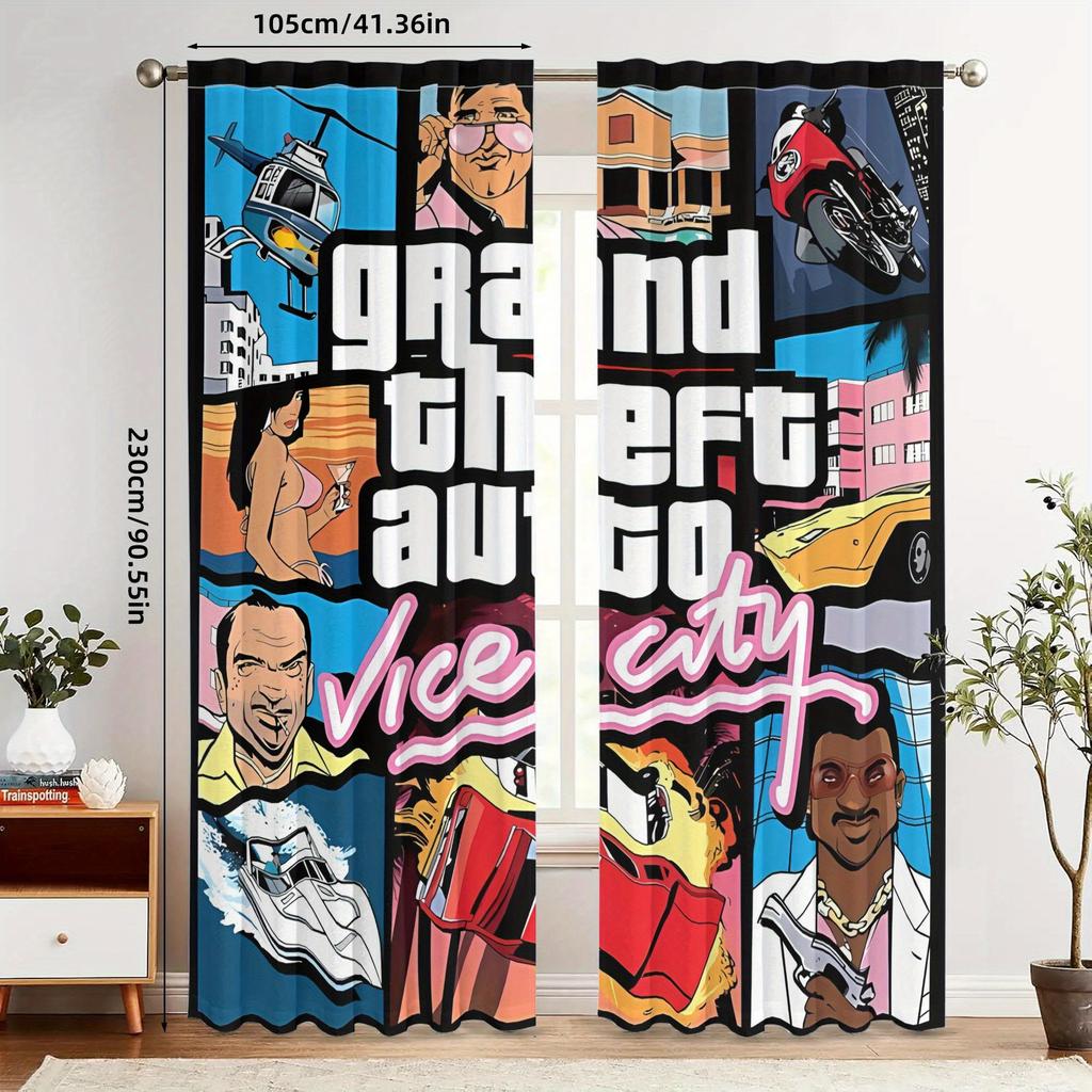 Tende Oscuranti a Tema Retro Gaming Gta Vice City - Poliestere Lavabili in Lavatrice Tende con Tasca per Asta Con Vivace Grafica di Gioco