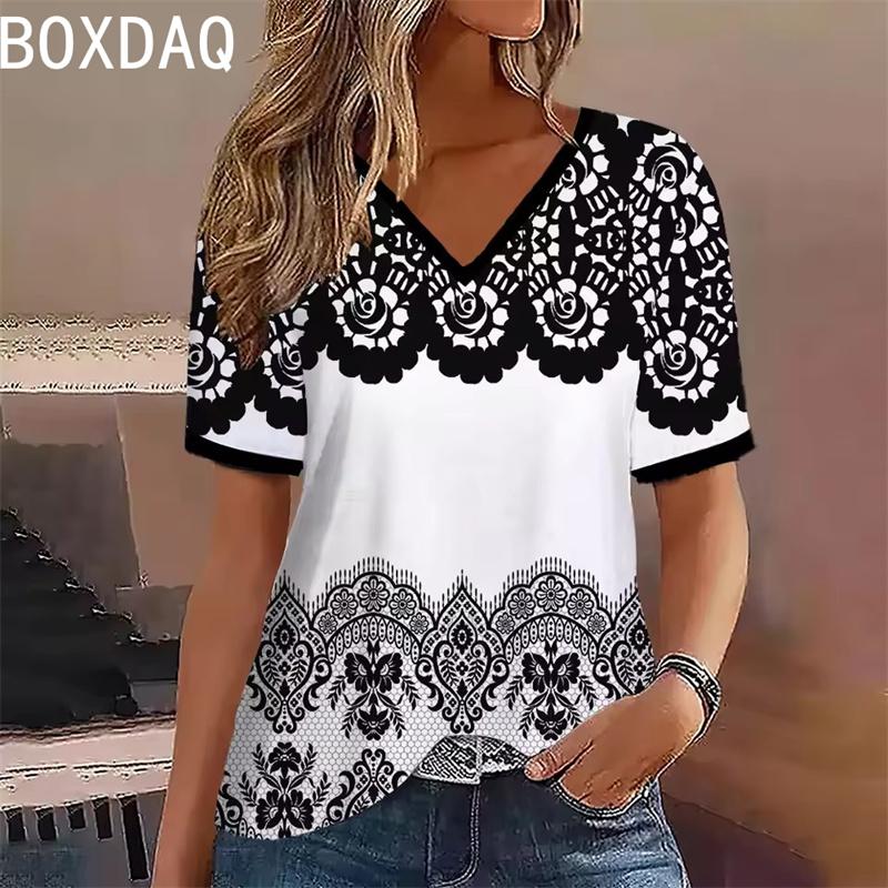 Summer short sleeved V-neck casual loose top elegant T-shirt
