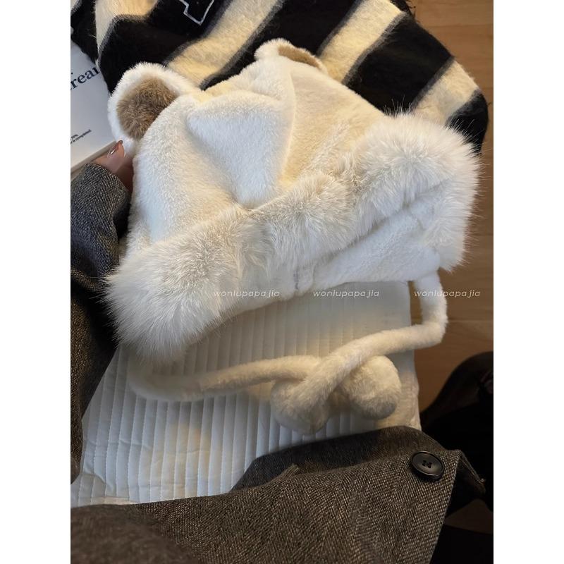 Cute bear ears hat scarf integrated women's winter versatile thickened warm hooded plush scarf tide