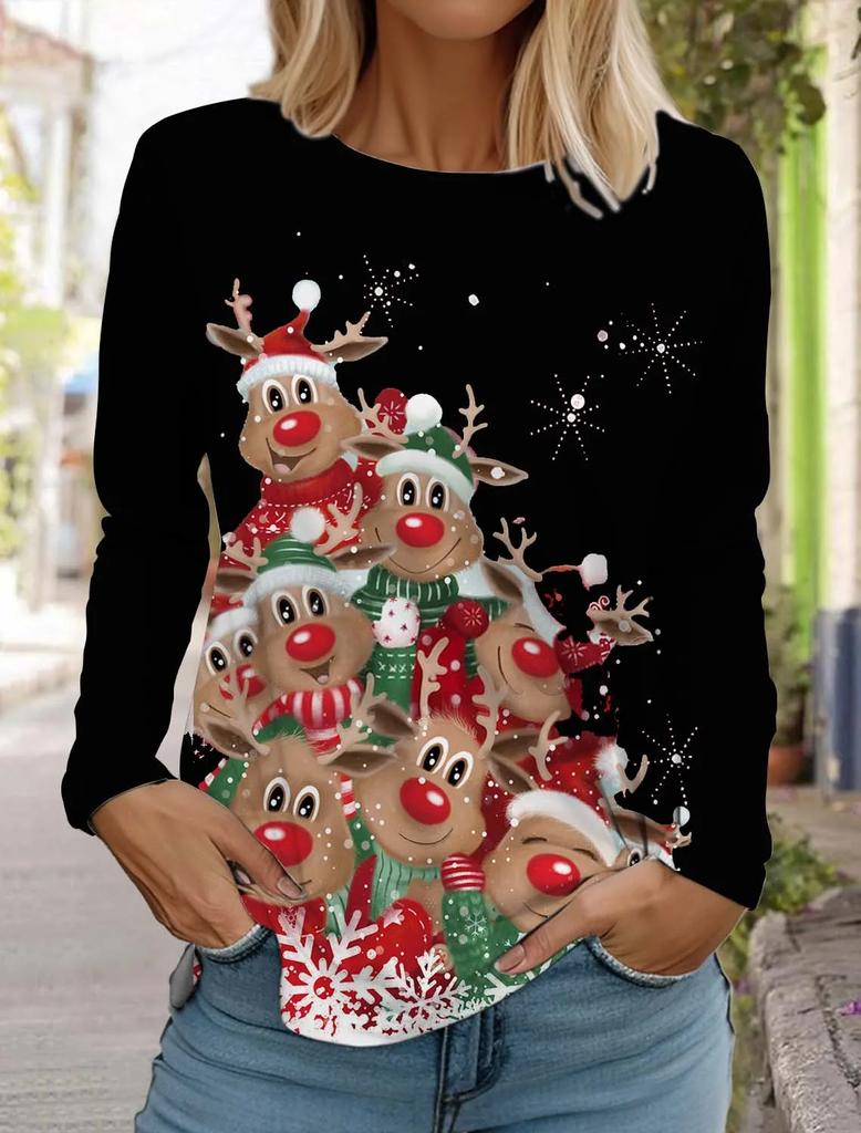 Large-sized Funny Women Christmas Cat Pattern T-Shirts Autumn Long Sleeve Christmas Snowflakes 3D Printed Street Ladies Clothing Casual Tops