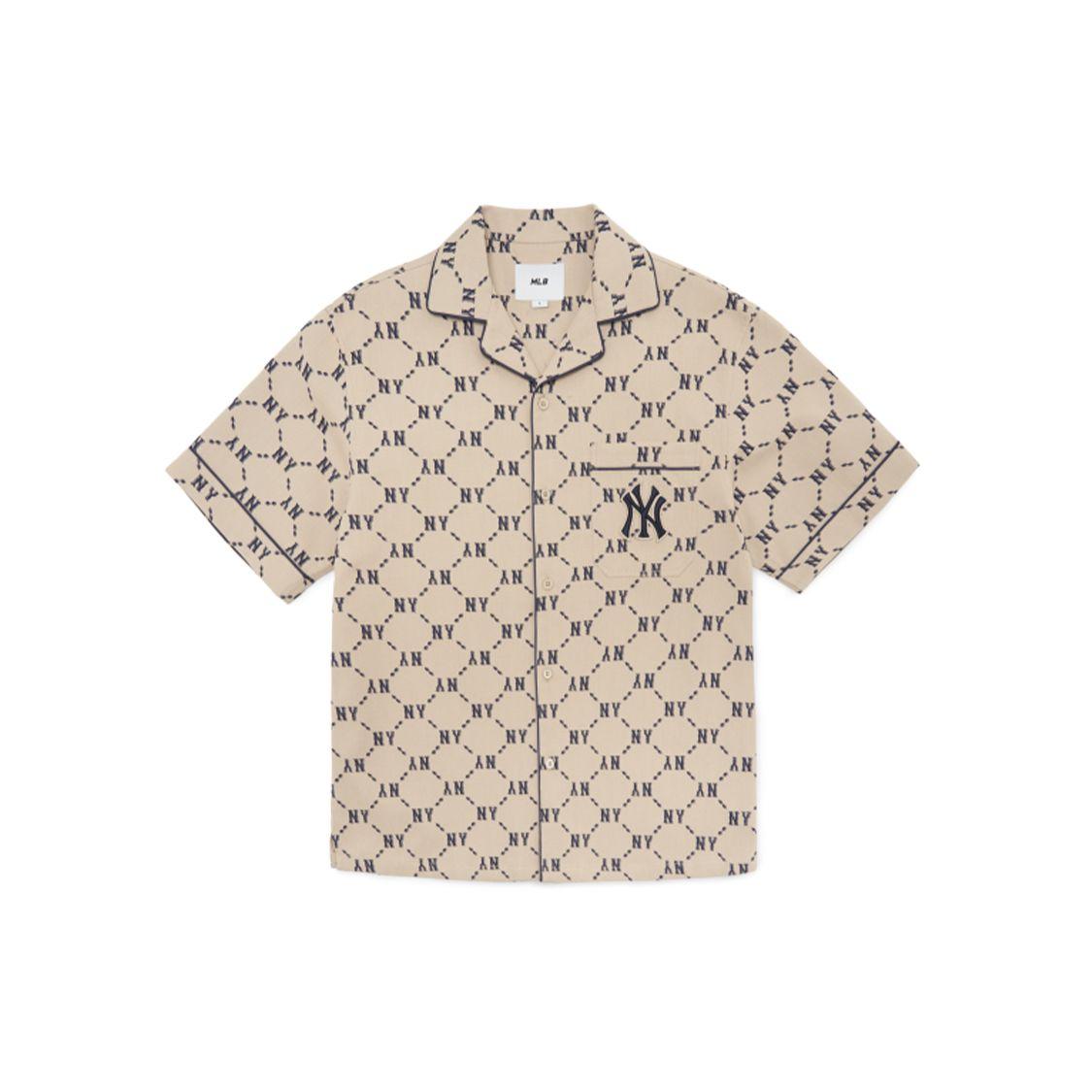 MLB New York Yankees Basic Logo Jacquard Rautenmuster Lockerer Schnitt Einreiher Freizeit Kurzarmhemd Unisex Hemden Beige 3AWSM0223-50BGS L beige
