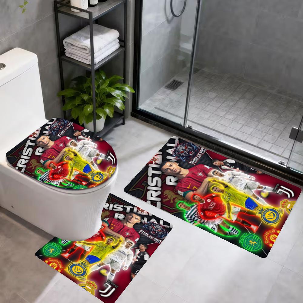 Cristiano Ronaldo Bathroom 3Piece Flannel Mat Set Bath Mat Set Toilet Coverushaped Foot Pad Gift Bathroom Decor