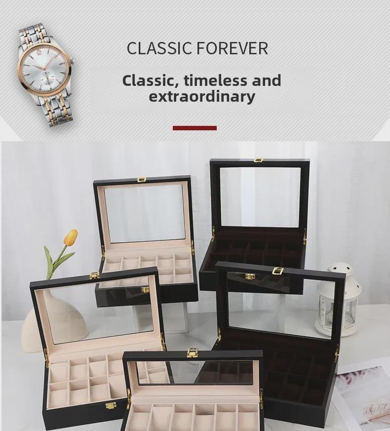 Luxusní dřevěná krabička na hodinky v evropském stylu s průhledným odklápěcím víkem a přezkou, červený 12místný displej