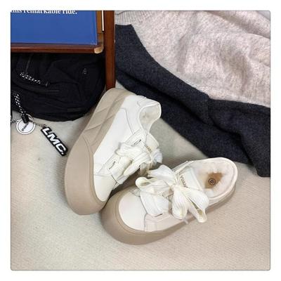Melk fufu dikke zolen grote kop schoenen 2025 winter fluweel kleine witte schoenen dames Hong Kong stijl straatfoto lederen oppervlak warm katoen