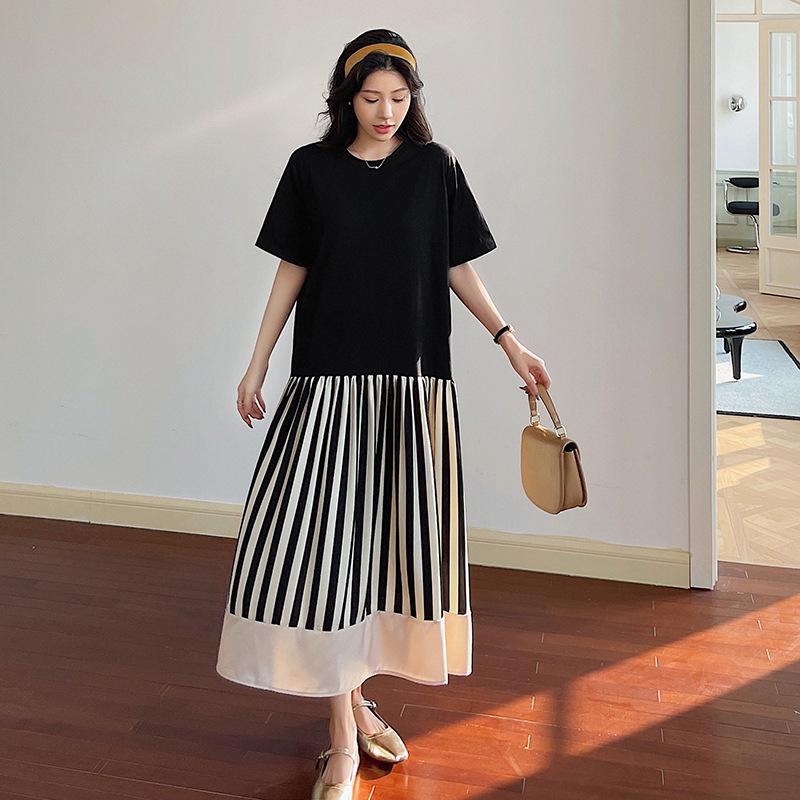 In-Stock 2025 Summer Plus Size Striped Color Block Ruched Skirt Dress
