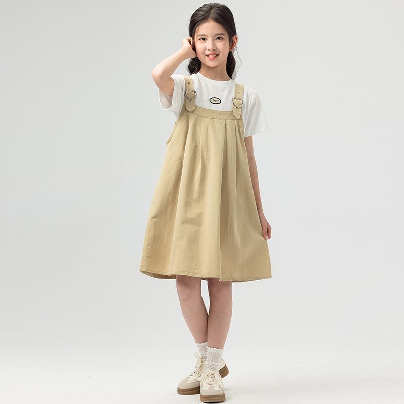 Girls' Casual Belted Dress Set - Summer Children's Sweet Top and Short-sleeved T-shirt + Dress Set