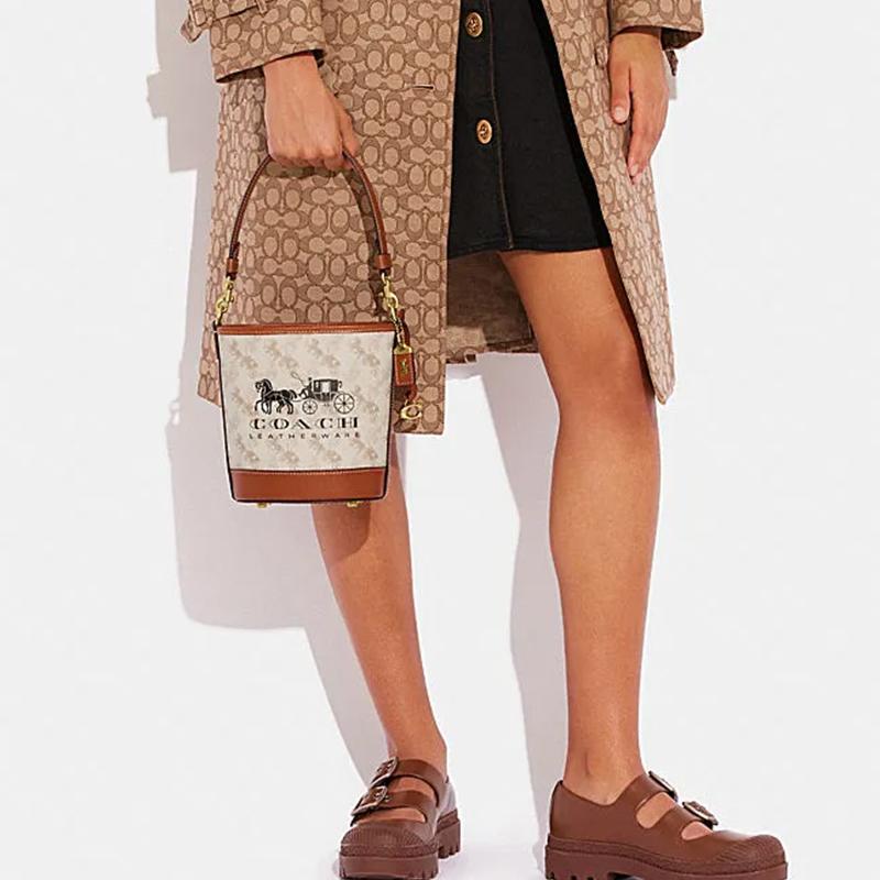 New COACH Dakotah PVC Cow Leather Bucket Bag Handbag Shoulder Bag Crossbody Bag Mini Women's White & Brown CJ828-B4TXF