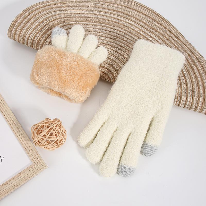 Autumn and winter women's warm and cold-proof knitted gloves plush wool thickened double-layer outdoor touch screen thickened warm