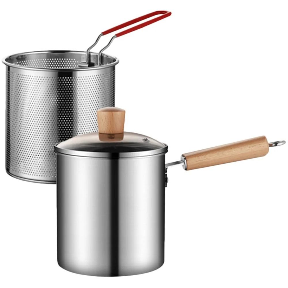 Strainer Basket Deep Fryer Pot Wood Handle Stainless Steel Frying Pan  Home Restaurant
