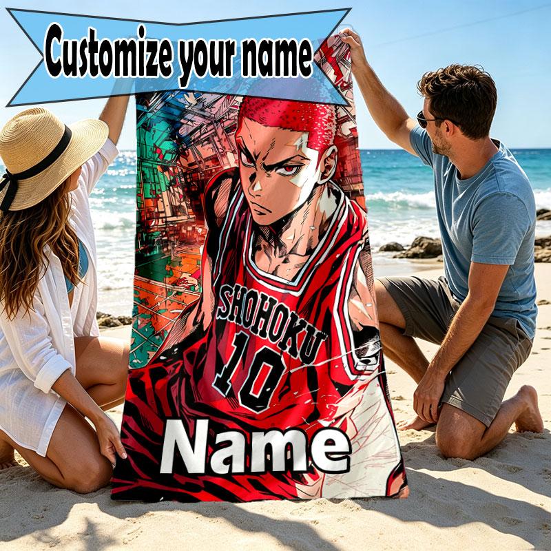 Custom Name Personalized SLAM DUNK Print Beach Towel, for Trip Camping Beach Party Home Decor, Birthday Gift for Family & Friends