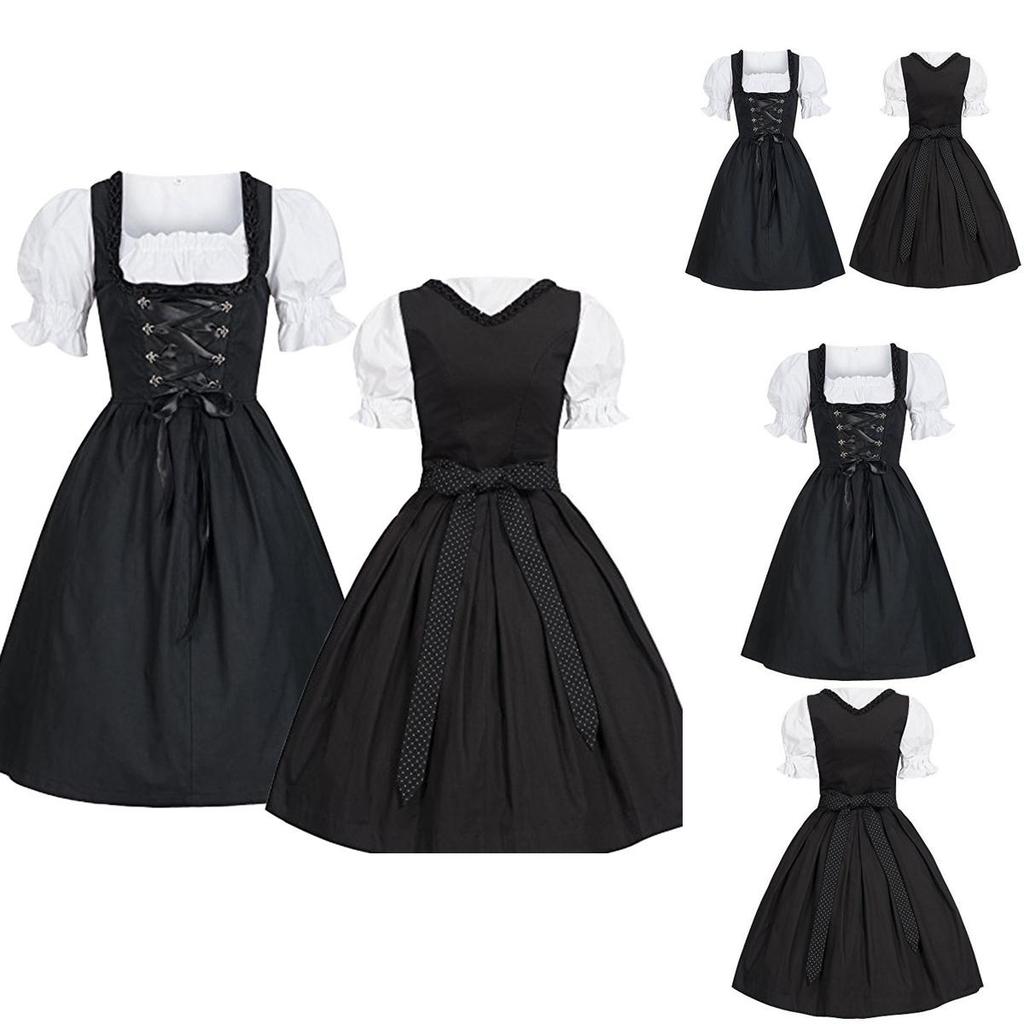 Vintage Bavarian Dirndl Costume With Elastic Waist And Bubble Sleeves For Festive Occasions