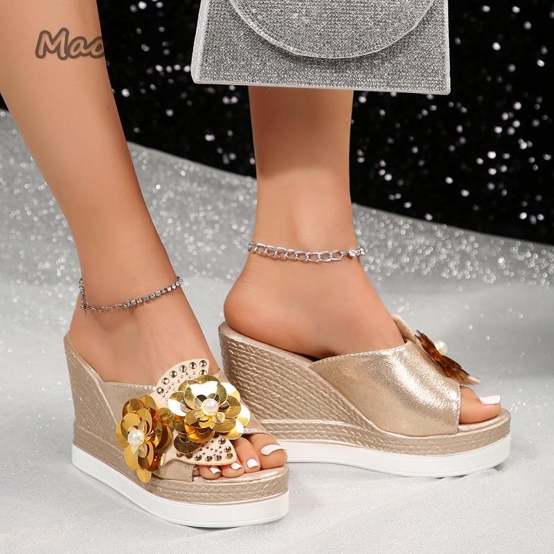 Fashion Women Flower Decor Wedge Sandals Sequins Rhinestone Slip on Open Toe Platform Sandalias Ladies Summer Footwear Sandals Size34 41